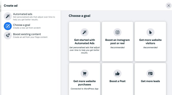 choose goal in facebook ads